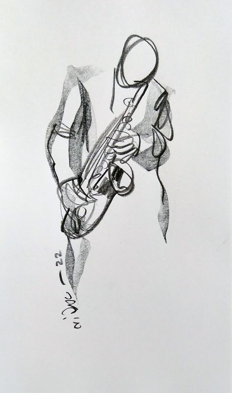 Alto Saxophone Tattoo, Saxophone Drawing Simple, Skeleton Playing Saxophone, Playing Saxophone Drawing, Saxaphone Sketch, Sax Tattoo, Saxophone Sketch, Jazz Sketch, Music Drawing Ideas