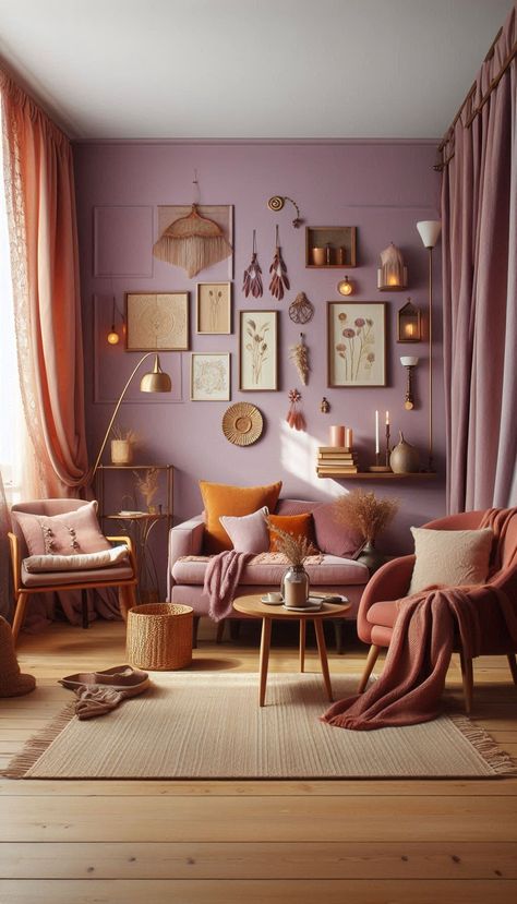 Lavender and tan apartment living room concept Mauve And Sage Living Room, Green And Lavender Living Room, Purple And Mustard Bedroom, Earthy Pink Living Room, Terracotta And Purple Bedroom, Modern 90s Interior Design, Neo Soul Living Room, Muted Colorful Living Room, Purple Boho Living Room