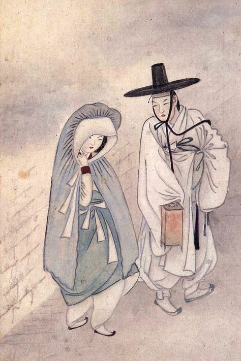 Korean Couple Aesthetic, Korean Watercolor, Vintage Asian Art, Korean Illustration, Korean Painting, Art Chinois, Korean History, Aesthetic Korean, Asian Painting