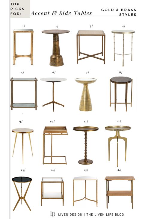 Top Picks for Gold Accent & End Tables for the Home — LIVEN DESIGN Brass End Table Living Room, Gold And Marble Side Table, Small Brass Side Table, Round Gold Side Table, Brass Side Table Living Room, Gold Night Stand Side Tables, Antique Brass Side Table, Marble Small Table, Parisian Side Table