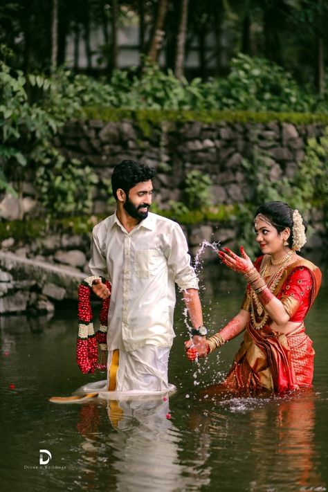 Photography In Water, Kerala Photos, Couples Candid Photography, Kerala Wedding Photography, Marriage Photography, Kerala Wedding, Back Photo, Couple Wedding Dress, Indian Bridal Photos