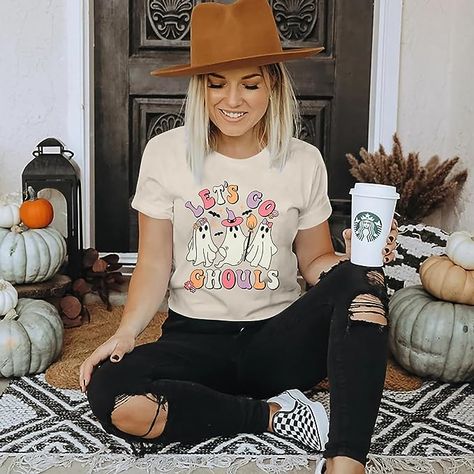 Women Let's Go Ghouls Shirt Spooky Season T-Shirt Halloween Ghost Tops Casual Fall Halloween Clothes 3 colors + multiple sizes available. Paid Ad Autumn T Shirts, Fall Tee, Halloween Tees, Fete Halloween, Party Tops, Tops Fall, Branded Shirts, Casual Fit, Fall Shirts