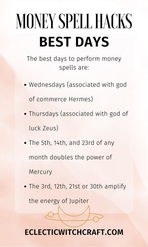 Awesome, powerful, amazing money spells that always work to attract abundance in your life! Learn how to time these spells for optimum results. Lunar phases, planetary hours, and other timing methods are covered. Start your 30 day abundance challenge now with free powerful money spells. You'll have an abundance of money and prosperity in 2023 and beyond! Witchcraft For Money, Money Witchcraft, Easy Witchcraft, Candle Work, Money Spells Magic, Powerful Money Spells, Spells That Actually Work, Eclectic Witchcraft, Spells Magic