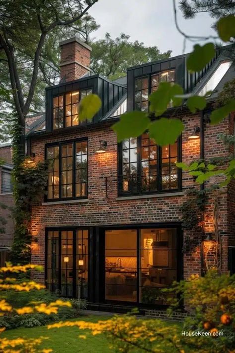 This rendering shows a home with a big window section and unique dormer windows at the roof. Gable Dormer, Dormer Window, Brick Houses, Aarhus Denmark, Dormer Windows, Brick Home, Old Bricks, Lego House, Town House