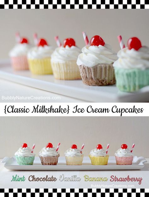 Classic-Milkshake-Ice-Cream-Cupcakes1 Milkshake Ice Cream, Grease Party, Milkshake Flavours, Ice Cream Cupcakes, Cream Cupcakes, Fun Cakes, Reunion Ideas, Sock Hop, Sweetest Thing