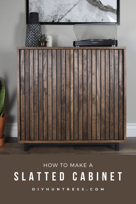 DIY Slat Wood Storage Cabinet - DIY Huntress Slat Furniture Diy, Diy Tv Cabinet Ideas, Diy Wood Cabinet, Boho Projects, Industrial Storage Cabinet, Diy Huntress, Wood Storage Cabinet, Cabinet Diy, Furniture Flipping