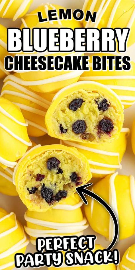 Sweet and tangy, lemon blueberry cheesecake bites are bursting with bits of blueberries and tangy lemon flavor. Blueberry Cheesecake Bites, Blueberry Bites, Cake Ball Recipes, Lemon Blueberry Cheesecake, Cream Cheese Ball, Berry Cheesecake, Blueberry Lemon Cake, Lemon Cake Mixes, Blueberry Desserts