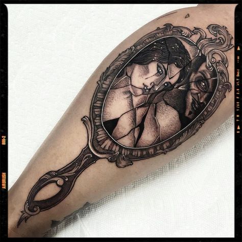 Mirror Tattoo Inspiration Woman In Mirror Tattoo, Man In The Mirror Tattoo, Victorian Inspired Tattoo, Dark Academia Mirror, Antique Mirror Tattoo, Framed Tattoo Ideas, Sorry Mom Tattoo, Mirror Tattoo, Mirror Tattoos