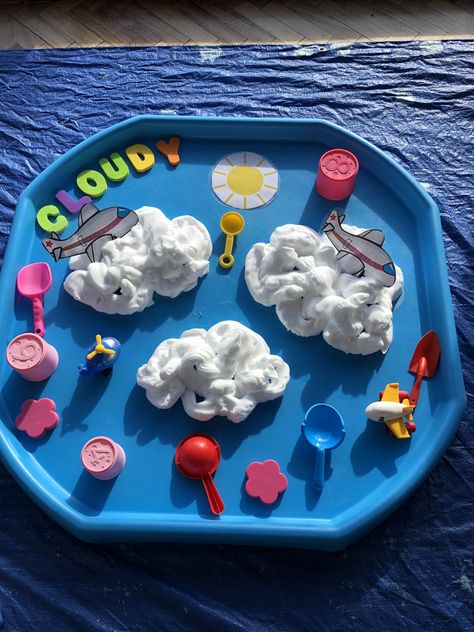 Weather Messy Play Ideas, Rain Tuff Tray Ideas, Weather Sensory Play, Transport Nursery Activities, Weather Messy Play, Cloudy Preschool Activities, Weather Eyfs Activities, Preschool Activities Tuff Tray, Spring Tuff Tray Ideas For Babies