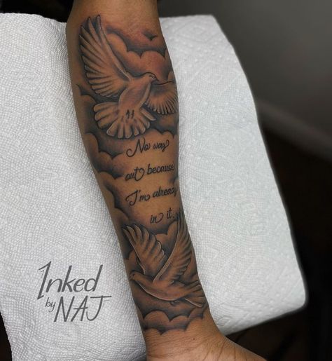 Tattoos On Forearm For Guys, Upper Arm Tattoo Men Half Sleeves Clouds, Cloud Tattoo Sleeve For Men, Meaningful Forearm Tattoo For Men, Mens Tattoo Inspiration, Bible Scriptures Tattoos For Men, Half Sleeve Tattoos For Guys Forearm, Forearm Tattoo Men Sleeve Clouds, Front Forearm Tattoo Men Ideas