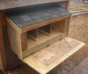 Size: Nest boxes should be big enough for your hen to stand in comfortably  Nesting material: dry wood shavings over straw.  Often a roost bar or step is added in front of the box to give the hen a place to jump to before entering the nest box. Also a "lip" is added to the front of the nesting box to keep the bedding material in place  make sure they aren't too high for the hens but not higher than the roosts or you'll have hens sleeping inside the nest boxes. Chicken Coop Nesting Boxes Outside, Nesting Box Outside Of Coop, Exterior Nesting Boxes For Chickens, Simple Nesting Boxes For Chickens, Outside Access Nesting Boxes, External Nesting Boxes For Chickens, External Chicken Nesting Boxes, Easy Access Nesting Boxes, Cat Boxes