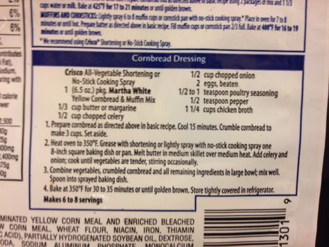 Martha White Cornbread Dressing.  A lot like grandmas! Martha White Dressing Recipe, Martha White Cornbread Dressing, Martha White Recipes, Martha White Cornbread Dressing Recipe, Martha White Mexican Cornbread Recipe, Martha White Cornbread, Texan Recipes, November Meals, White Cornbread