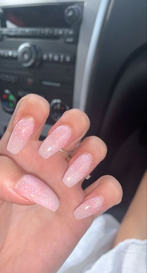 Light Pink Sparkly Almond Nails, Light Pink Nails For Prom, Light Pink Nails With Shimmer, Sparkly Nails With French Tip, Glitter Light Pink Nails, Light Shimmer Nails, Sparkly Pink Nails Acrylics, Light Pink With Glitter Nails, Light Pink Sparkle Nails Acrylic