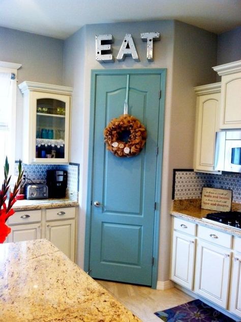 10 Ways to Spruce Up Your Pantry Door Painted Pantry Doors, Decorating Above Cabinets, Painted Pantry, Kitchen Pantry Doors, Countertops Ideas, Above Cabinets, Corner Pantry, Pantry Door, Kitchen Redo