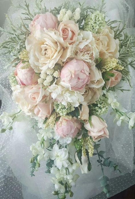 Cascading Wedding Bouquets Peonies, Elegant Wedding Flowers Bouquet Ideas, Peony Cascade Bouquet, Big Wedding Bouquet Brides, Wedding Pink Bouquets, Neutral Wedding Bouquet Champagne, Fairytale Wedding Bouquet, White And Pink Bridal Bouquet, Wedding Bouquets Cascade