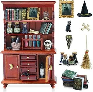 BEIREG Dollhouse Miniatures 1/12 Scale Accessories, Wooden Bookshelf Furniture Set - Magic Bottle&Potion, Witch Frame and Hat, Mini Bookcase, Haunted Dollhouse Halloween Decorations for Kids Gifts Bookshelf Furniture, Mini Bookcase, Potion Witch, Dollhouse Bookshelf, Dollhouse Halloween, Wooden Bookshelf, Halloween Decorations For Kids, Haunted Dollhouse, Corner Bookshelves