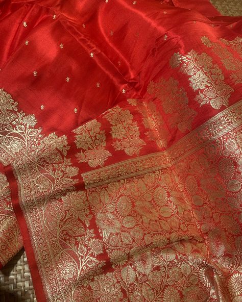 The tomato red and gold #vintagebanarasi Bridal Lehenga Collection, Lehenga Collection, Banarasi Sarees, Pure Silk Sarees, Bridal Lehenga, Red And Gold, Pure Silk, Silk Sarees, Lehenga