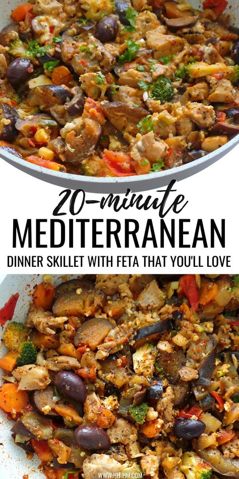 Mediterranean chicken dinner skillet! A one-pan easy chicken recipe with all your favorite Mediterranean diet flavors - garlic, feta cheese, tomatoes! Delicious! Mediterranean Mustard Chicken, Mediterranean Diet Turkey Recipes, One Pot Mediterranean Chicken, Medetterian Diet, Meditranian Meals Easy, Medditeranean Food Recipes Chicken, Metteranian Diet Meals, Medatrainian Recipes, Mediterranean Chicken Dinner