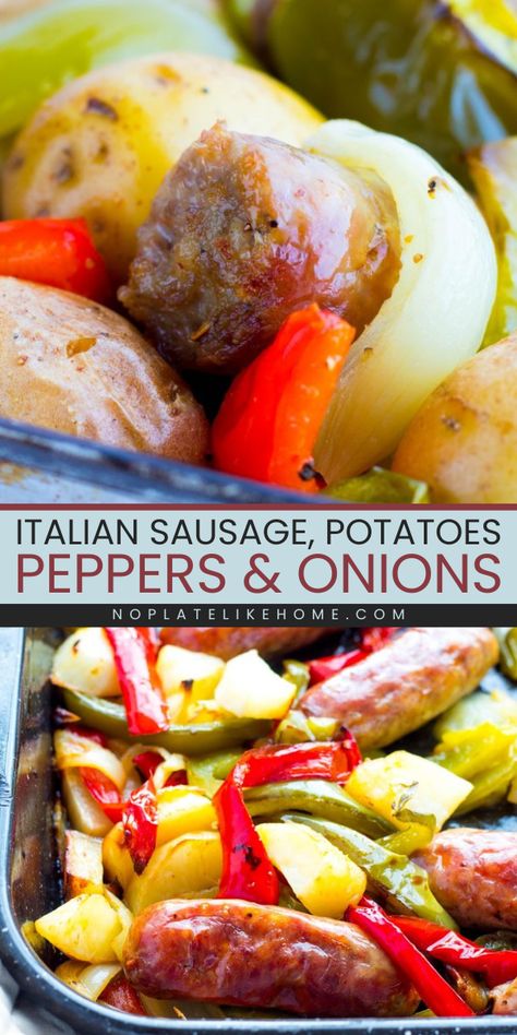 A family friendly meal that is EASY to make in just one pan in the oven with little prep! Your kids will love this delicious hearty dinner. It's a complete meal with Italian sausage, bell peppers, onions, potatoes, EVOO and seasonings and full of flavor! It's an easy recipe and gluten free. Add this to your meal rotation and meal plan. Click the link to get this delicious recipe! Sausage Peppers Onions And Potatoes, Sausage Recipes Potatoes, Sausage Pepper Onions And Potatoes, Peppers Onions And Potatoes, Potatoes Peppers And Onions, Sausage Potatoes And Peppers, Italian Sausage Potatoes, Sausage Peppers Onions, Easy Italian Dinner