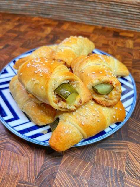 #1 Pickle Recipe - Pickles in a Blanket Pickles In A Blanket Recipe, Bacon Crescent Roll Recipes, Weird Pickle Recipes, Pickle In A Blanket, Pickles In A Blanket, Recipes Using Pickles, Pickle Cream Cheese Roll Ups, Easy Finger Foods For Christmas Party, Stuffed Pickles