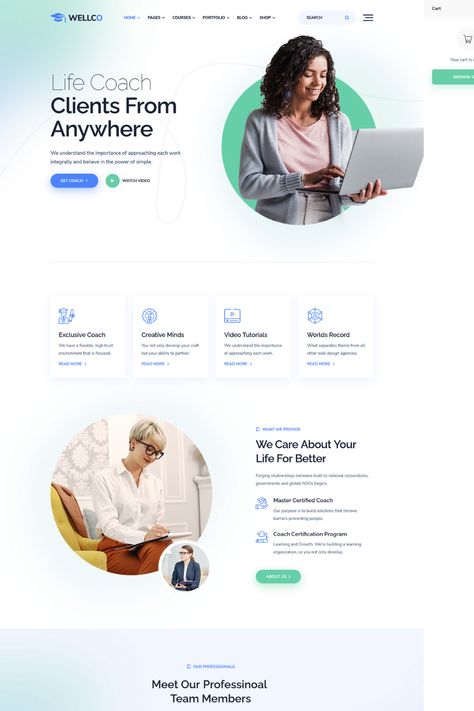 Wellco is a versatile and dynamic WordPress theme designed for coach online courses. With its modern and intuitive design, Wellco offers a user-friendly interface that's easy to customize and navigate.The theme comes with a range of features to help you create a stunning website, including pre-designed demos, customizable page templates, and a drag-and-drop page builder. Course Overview Template, Coaching Landing Page Design, It Services Website Design, Online Course Website Design, Coach Website Design, Life Coach Website, Finance Website, Ux Inspiration, Coach Website