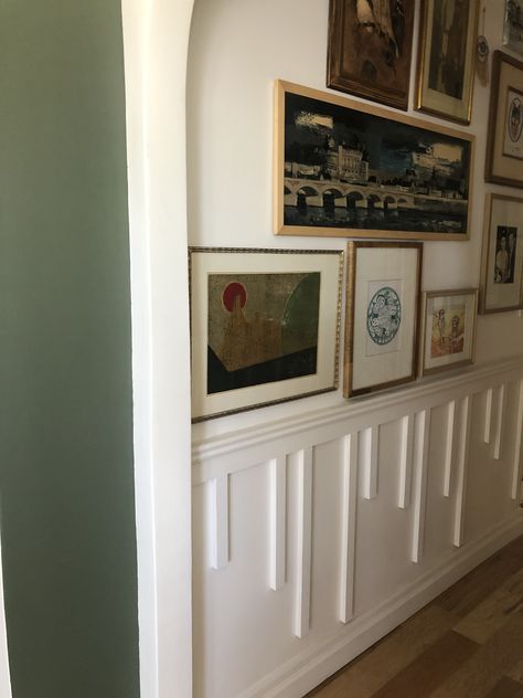 Board And Batten With Picture Rail, Gallery Wall With Board And Batten, Board And Batten With Gallery Wall, Gallery Wall Above Board And Batten, Gallery Wall Board And Batten, Board And Batten Gallery Wall, Picture Ledge Bedroom, Hallway Gallery Wall, Photo Ledge