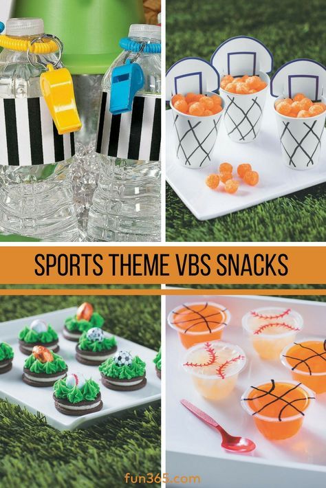 Having a sports-themed VBS? Feed your hungry VBS team with these slam-dunk snack ideas! See all five easy VBS snack ideas. Sport Theme 1st Birthday Party, Sports Themed Food Ideas, Sports Party Snacks, Sports Ball Party Theme 2nd Birthday, Adult Sports Themed Birthday Party Ideas, Sports Bday Party Ideas, Sports Birthday Party Food, Sports 3rd Birthday Party, Vbs Sports Theme