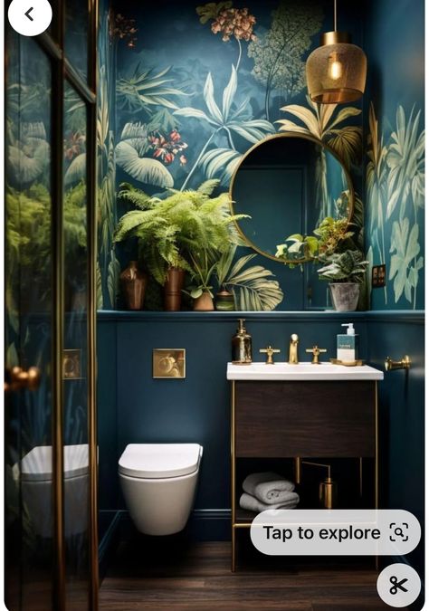 Realistic Bathroom Ideas, Realistic Bathroom, Art Deco Powder Room, Small Half Bath, Cloakroom Toilet, Trendy Patterns, Home Updates, Jungle Theme, Half Bath