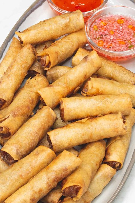 Lumpiang Shanghai Recipe - Recipes by Nora Lumpiang Shanghai Plating, Lumpiang Shanghai Aesthetic, Lumpia Shanghai Recipe Filipino, Shanghai Rolls, Shanghai Lumpia, Lumpiang Shanghai Recipe, Filipino Dinner, Fresh Lumpia, Jack Core