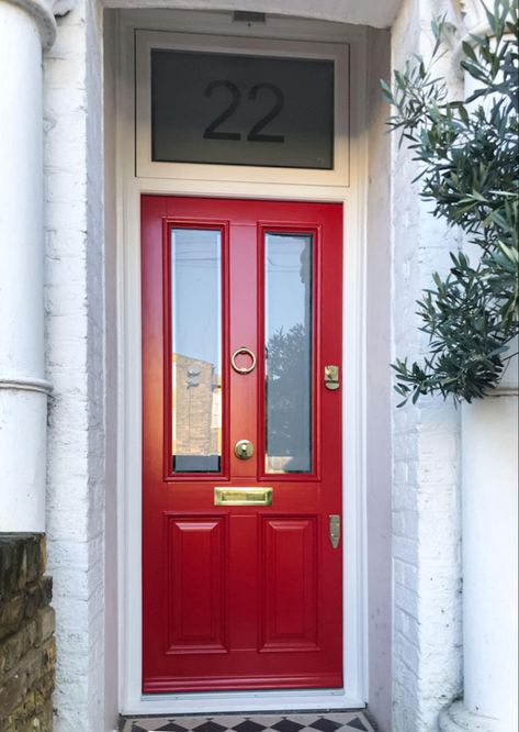 Timber Entrance, Upvc Front Door, Front Door Styles, Kerb Appeal, Red Front Door, Sliding Folding Doors, Front Doors With Windows, Sandblasted Glass, Timber Door