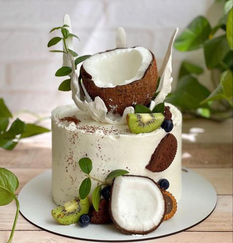 Coconut Cake Design, Coconut Decorated Cake, Plant Cake Design, Coconut Birthday Cake Design, Fluffy Cow Cake, Tender Coconut Cake Design, Coconut Cake Decoration, Cocunut Cake, Tiki Cake