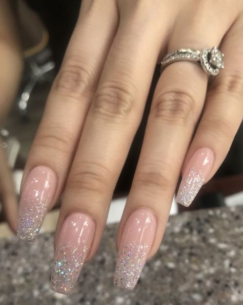 Ballerina Nails Sparkle, Nude Nails Glitter Tips, Soft Glam Nails, Nude Nails With Glitter Tips, Simple Ballerina Nails, Glitter Nail Extensions, Glitter Ballerina Nails, Gliterry Nails Design, Nude Nail Extensions