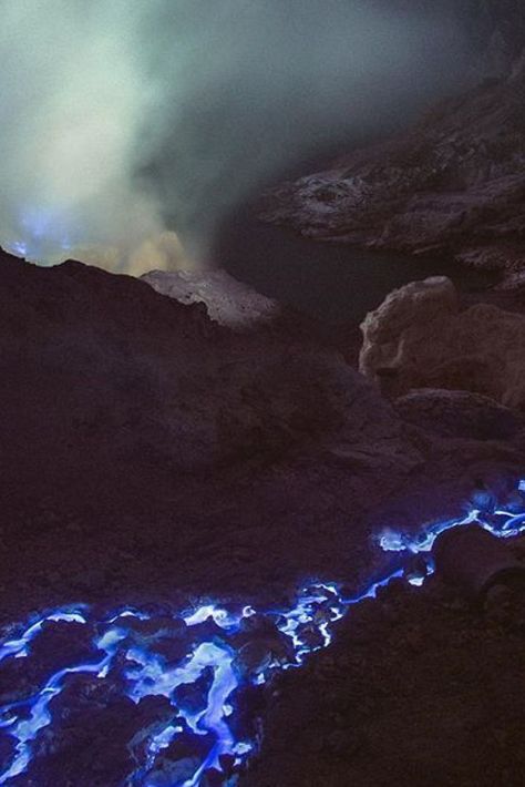 Awe-inspiring blue lava flows from volcanoes in East Java, Indonesia Blue Volcano, Blue Lava, Lava Flow, East Java, Blue Fire, Natural Earth, Awe Inspiring, Volcano, Natural Wonders