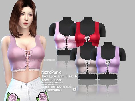 Tied Lace Trim Tank Top Lace Trim Tank Top, Sims 4 Piercings, Sims 4 Traits, The Sims 4 Packs, The Sims 4 Download, Pink Tank, Sims4 Clothes, Sims 4 Cc Packs, Sims 4 Mods Clothes