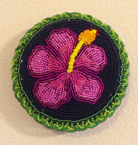 I created a hibiscus pattern and beaded it. Given as a thank you gift. ~Beaded by Heather Simmons, Alaska Beaded Hibiscus Flower, Embroidery Hibiscus, Hibiscus Flower Embroidery, Artsy Boy, Hibiscus Pattern, Beaded Shirt, Beadwork Embroidery, Bead Embroidery Patterns, Bead Embroidery Jewelry