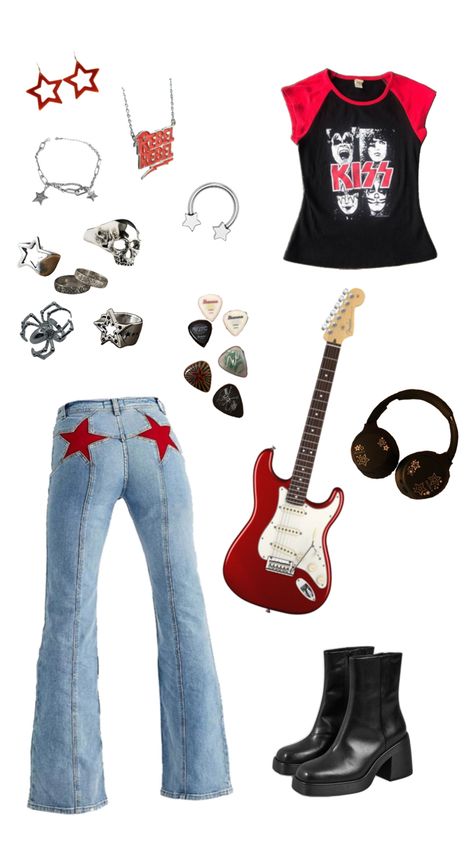 rock, rockstar aesthetic, rock outfit Inhaler Band Concert Outfit, 2000s Rock Outfits, Girl Rockstar Outfit, Rock Girlfriend Outfit, Rockstar Girlfriend Outfits Aesthetic, Rock Girl Aesthetic Outfits, 80s Rockstar Outfit For Women, Inhaler Concert Outfit, Girls Rock Star Costume