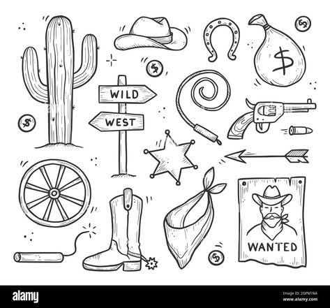 Wanted Poster Tattoo Design, Old West Drawings, Western Aesthetic Drawing, Western Stuff To Draw, Cowboy Drawings Easy, Easy Western Sketches, How To Draw A Cowboy Hat Easy, Cow Skull Drawing Simple, Country Easy Drawings