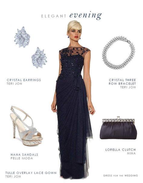 Navy Evening Gown for Mother of the Bride or Groom. A navy evening gown styled with crystal accessories makes for the ideal style for the mother of the bride or groom or formal wedding guest. Navy Blue Evening Gown Accessories, Navy Blue Gown Elegant Formal, Navy Gown Accessories, Accessories For Navy Blue Dress Formal, Navy Gowns Formal, Navy Formal Dress Accessories, Jewelry For Navy Blue Dress, Navy Wedding Dress, What Jewelry To Wear