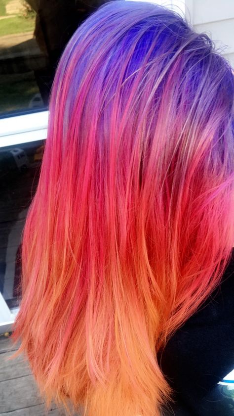 Pink And Orange Hair Ombre, Pink Orange Ombre Hair, Sunrise Hair, Purple Pink Orange Hair, Sunrise Hair Color Ombre, Undercolor Hair, Sunset Hair Color Ombre Purple, Sunset Hair Color, Sunset Hair