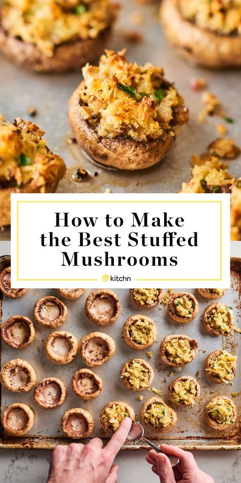 Stuffed Mushrooms Recipe | Kitchn Ground Turkey Stuffed Mushrooms, Recipes Mushrooms, Stove Top Stuffed Mushrooms, Make Ahead Stuffed Mushrooms, Stuff Mushrooms Recipes, Mini Portobello Mushroom Recipes, Stuffed Mushrooms No Meat, Meatless Stuffed Mushrooms, Stuffing Stuffed Mushrooms