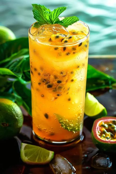 Tropical Passion Fusion Mojito - SipSavoury Passion Fruit Soda, Lime Mocktails, Cuban Drinks, Cuban Cocktails, Passion Fruit Mojito, Summer Mocktails, Mojito Recipe, Rum Cocktails, Delicious Drink Recipes