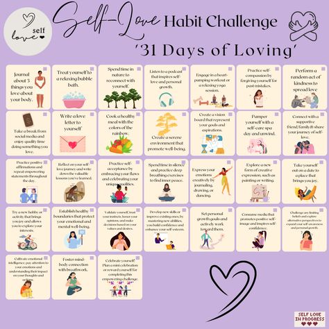 Embark on a transformative journey of self-love with our 31-Day Self-Love Challenge Calendar. This carefully curated calendar is designed to help you embrace your true self, boost your self-worth, nurture your self-esteem, and prioritize self-care. Each empowering self-love task presents a unique task or activity aimed at empowering and enriching your relationship with yourself. Personal Growth Challenge, Calendar Challenge, Challenge Calendar, Habit Challenge, Growth Challenge, Relationship With Yourself, September Calendar, Practicing Self Love, Mental Health Facts