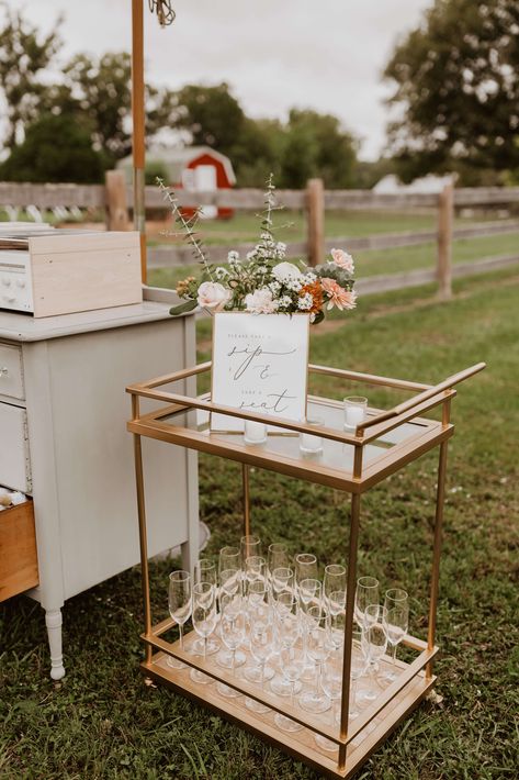 We placed champagne for guests to enjoy on this modern gold bar cart! What a cool idea. With a few florals and a sign, the design was complete. Check out more details from this backyard wedding in Tennessee on my blog. Bar Cart Wedding Decor, Bar Cart At Wedding, Wedding Bar Cart Ideas, Champagne Bar Cart, Bar Cart Wedding, Champagne Cart Wedding, Wedding Champagne Bar, Wedding Bar Cart, Wedding Cocktails Recipes