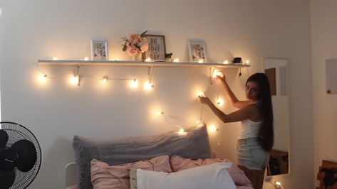 Bed Shelf Ideas, Above Bed Shelf, Lights Above Bed, Bed Shelf, Bed Girl, Shelf Bedroom, Top Of Bed, Bed Shelves, Cute Bedroom Ideas