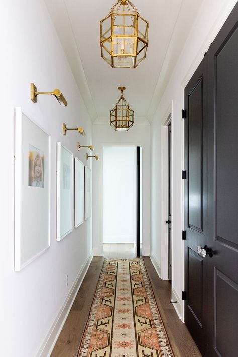 Narrow Entry Hallway, Long Hallway Ideas, Long Narrow Hallway, White Hallway, Hallway Makeover, Hallway Inspiration, Narrow Hallway Decorating, Upstairs Hallway, Hallway Wall Decor