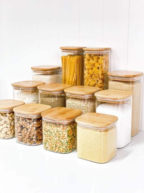 Bamboo containers/ glass containers Glass Jars Kitchen, Bamboo Containers, Bamboo Food, Square Glass Jars, Glass Pantry, Bamboo Storage, Kitchen Canister Set, Cubicle Decor, Glass Food Storage