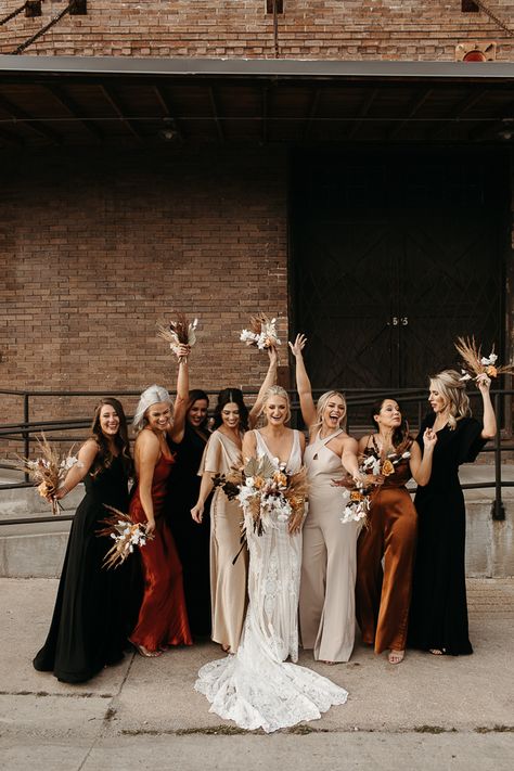 Cognac Wedding Colors, Bronze And Gold Wedding, Maroon And Copper Wedding, Cinnamon And Black Wedding, Boho December Wedding, Dark Wedding Bridesmaid Dresses, Rust And Black Wedding Theme, Dark Mismatched Bridesmaid Dresses, Rust Black Wedding