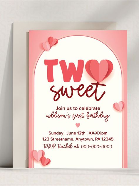 Two Sweet Girl's Birthday Party Invite inspo with hearts and a Valentines Day theme | editable digital download template Two Sweet 2nd Birthday, Heart Invitation, 2nd Birthday Party, Two Sweet, 2nd Birthday Parties, 1st Birthday Parties, Editable Template, 2nd Birthday, Digital Download Etsy