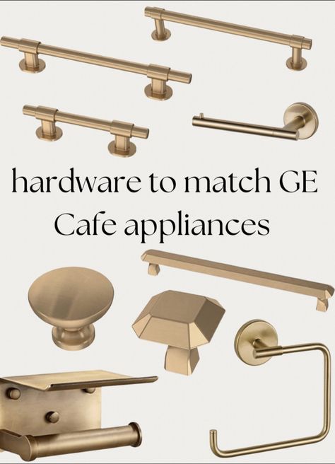 Ge Cafe Appliances Stainless Steel White Cabinets, Brass Hardware Stainless Appliances, Ge Cafe Matte White Brushed Bronze, Kitchen Champagne Bronze Hardware, Cabinet Hardware To Match Cafe Appliances, Champagne Hardware Kitchen, Mix Metals Kitchen, Satin Brass Kitchen Hardware, Bronze Hardware Kitchen