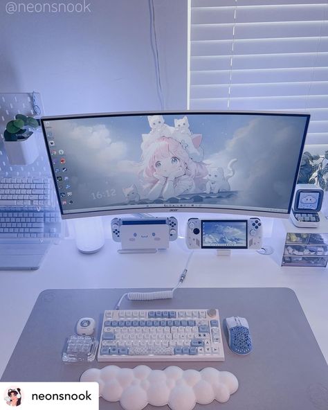 Black And Blue Desk Setup, White And Blue Pc Setup, Light Blue Pc Setup, White And Blue Gaming Setup, Pastel Blue Gaming Setup, Blue Gaming Setup Aesthetic, Light Blue Gaming Setup, Blue Pc Setup, Blue Desk Setup